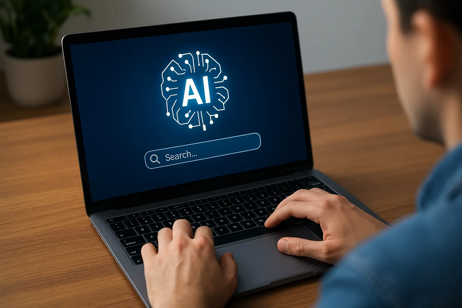 Persona usando una laptop con un gráfico de inteligencia artificial en la pantalla, representando la búsqueda de conocimiento en IA.